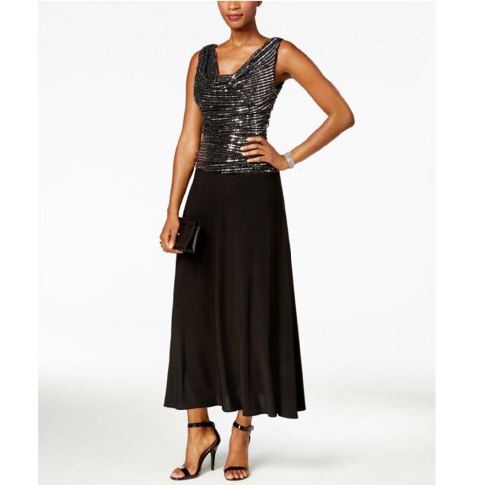 R&M Richards Metallic A-Line Gown Drape Neck Sleeveless Dress Size 16 New w/Tag
